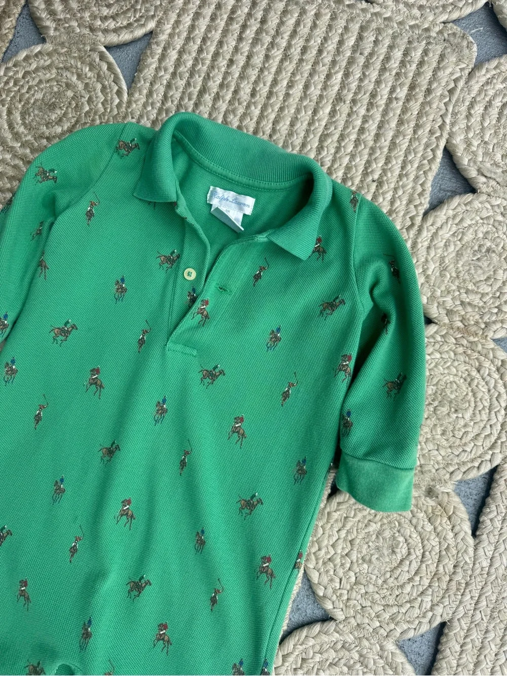 Ralph Lauren Green Polo Horse Print Baby Romper / Coverall Size 9M